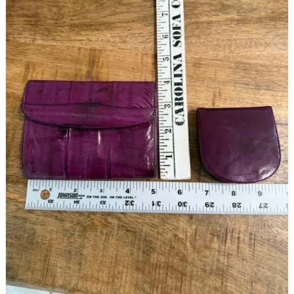 Genuine Eel Skin Leather Wallet Snap Flap Kisslock Fuchsia Pink Purple Coin Set - Picture 9 of 9